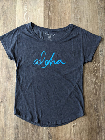 Ladies Aloha "Script" Dolman T-Shirt (Indigo)