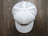 Snapback: Curved Bill, Pinched Front, Laser Perforated Performance Trucker (White)