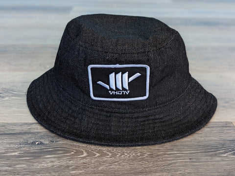 Classic Bucket Hat with Patch (Black Denim/White)