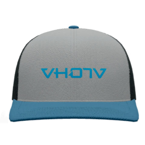 Snapback: Heather Gray/Charcoal/Ocean Blue Trucker with large Blue logo