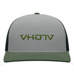 Snapback: Heather Gray/Charcoal/Loden Trucker with large Loden logo