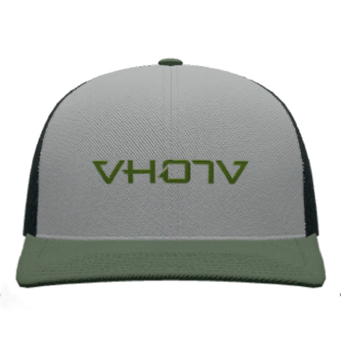 Snapback: Heather Gray/Charcoal/Loden Trucker with large Loden logo
