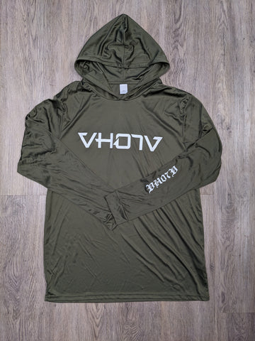 Adult Moisture Wicking Long Sleeve Hoodie (Olive Green/White)