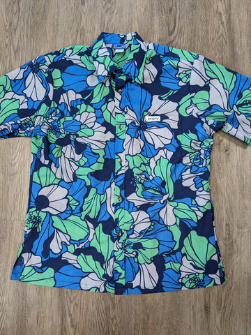 Navy/Mint "Blue Hibiscus" Floral Button Down Aloha Shirt - VH07V