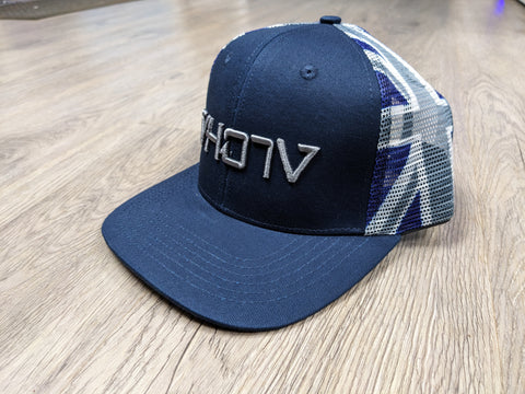 Snapback: Navy/Charcoal/White Hawaiian Flag Mesh Trucker with 3D Puff Charcoal Logo