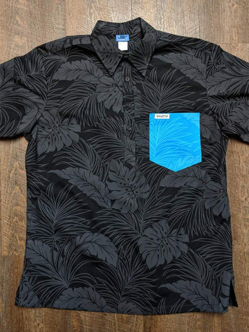 All Black Floral Aloha Shirt with Turquoise Floral Pocket - VH07V